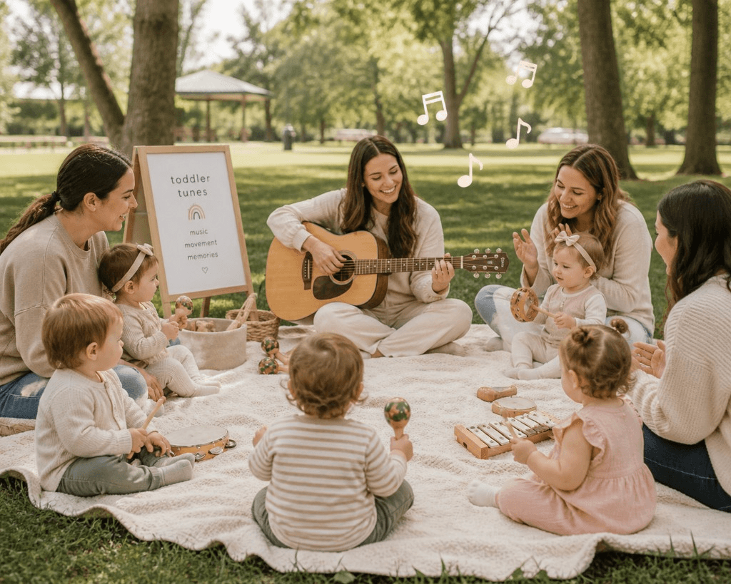 Yasmin leading a Toddler Tunes music moment with young children