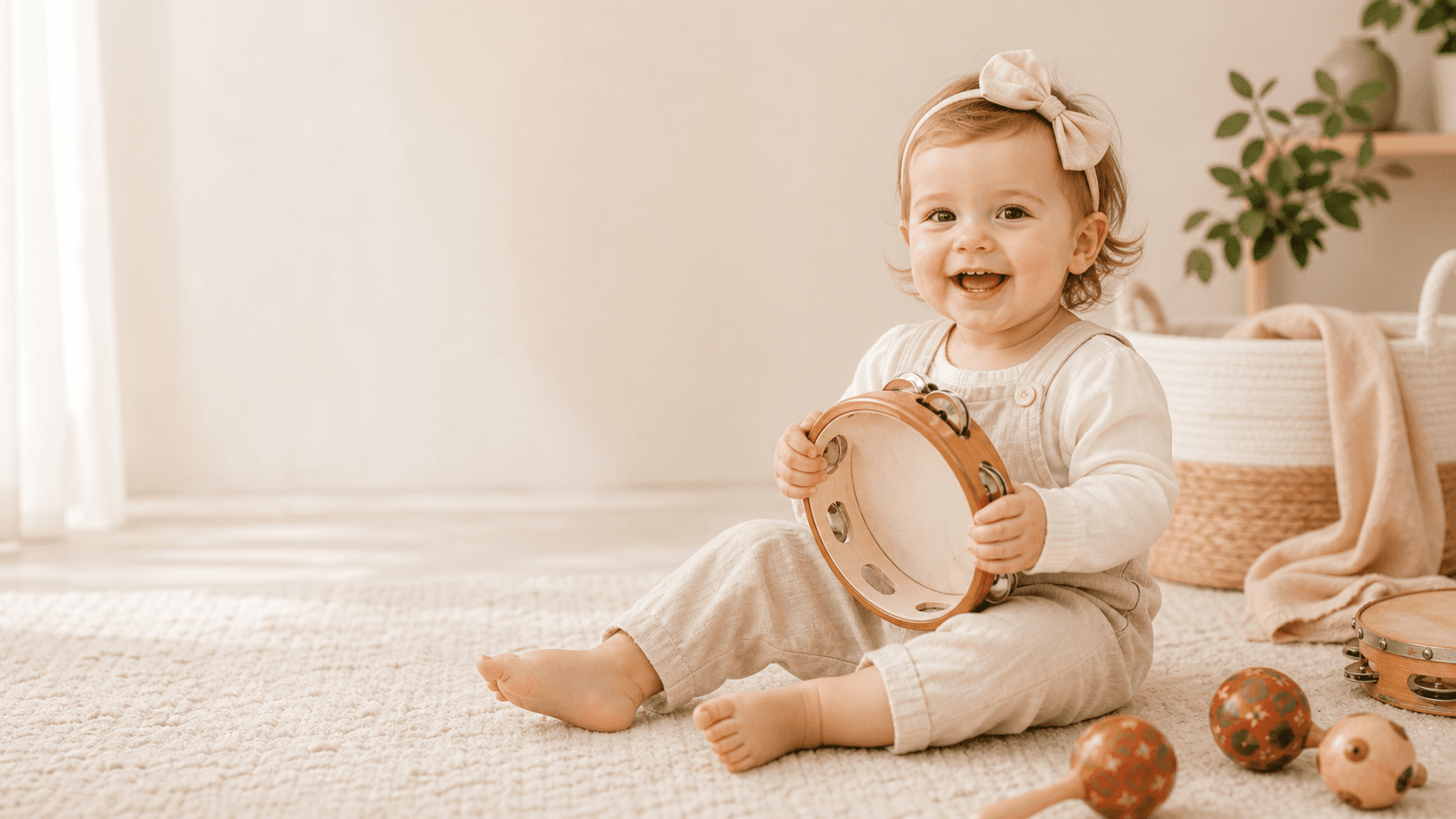 Toddler smiling with a musical instrument