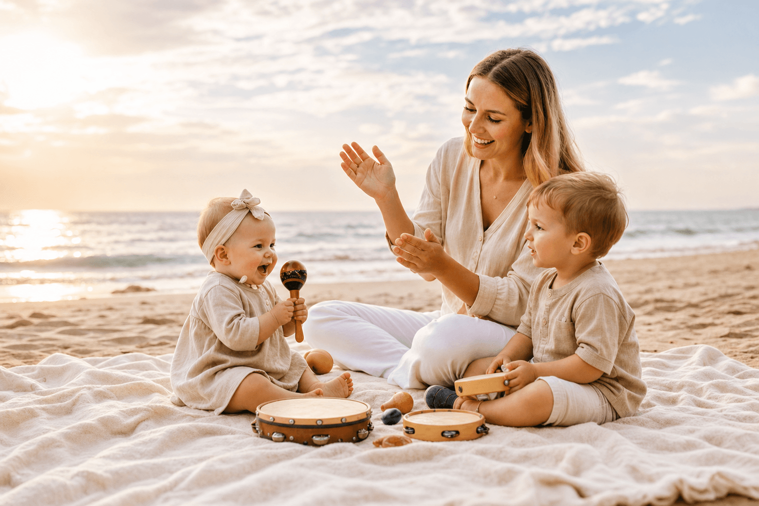 Mother and two toddlers playing tambourines and maracas on a beach at golden hour